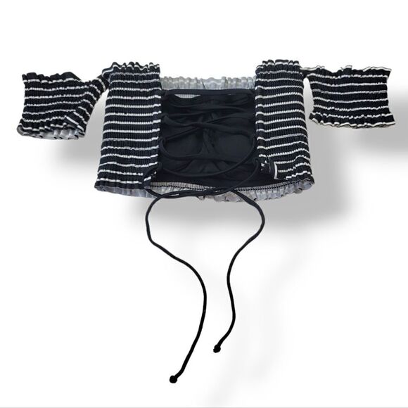 Xhilaration Shirred Stripe Smocked Off-The-Shoulder Lace Up Corset Back Swim Top - Picture 4 of 10